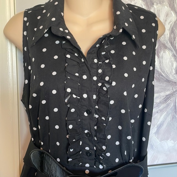 City Chic Macy’s Black and White Belted Polka-dot Sleeveless Dress - Picture 3 of 11